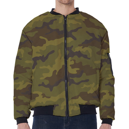 Brown Green Camouflage Print Zip Sleeve Bomber Jacket