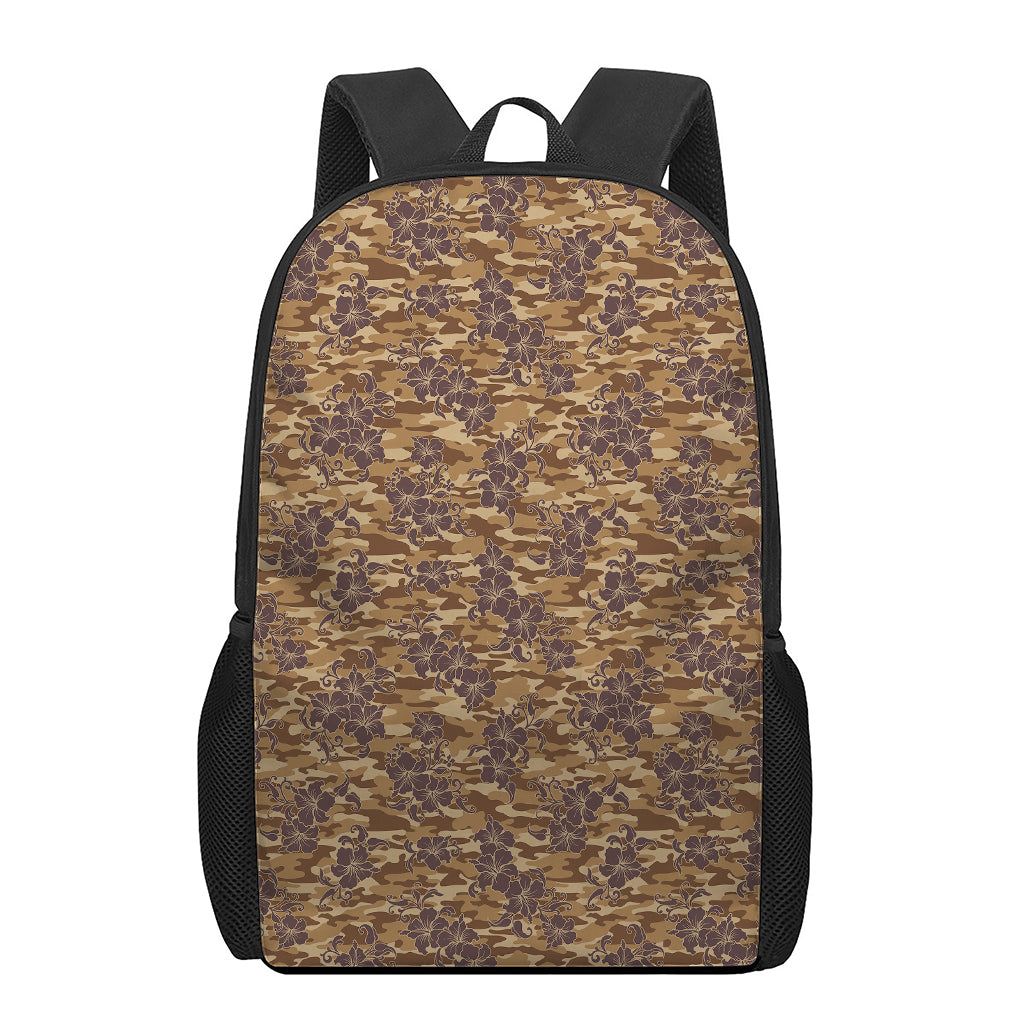 Brown Hawaiian Camo Flower Pattern Print 17 Inch Backpack