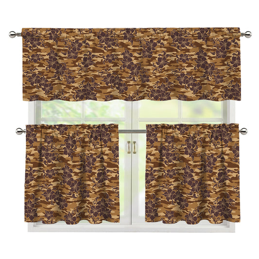 Brown Hawaiian Camo Flower Pattern Print 3 Piece Kitchen Curtains