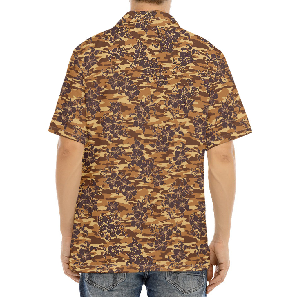 Brown Hawaiian Camo Flower Pattern Print Aloha Shirt