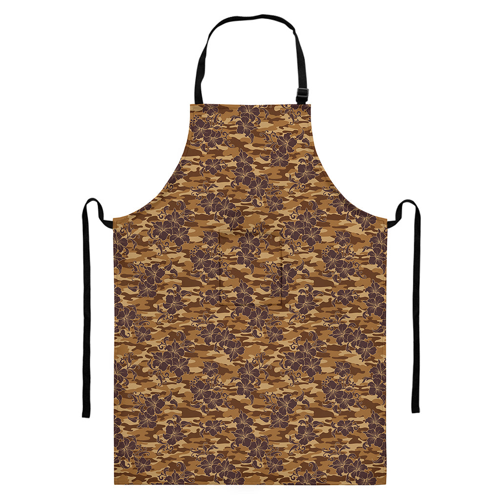Brown Hawaiian Camo Flower Pattern Print Bib Apron With Pocket