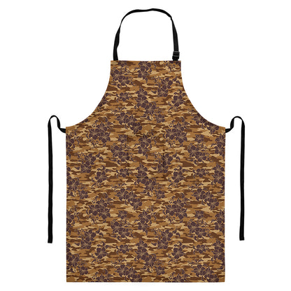 Brown Hawaiian Camo Flower Pattern Print Bib Apron With Pocket