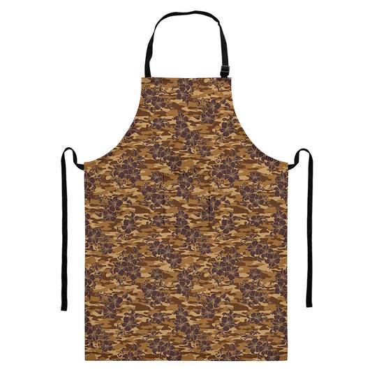 Brown Hawaiian Camo Flower Pattern Print Bib Apron With Pocket
