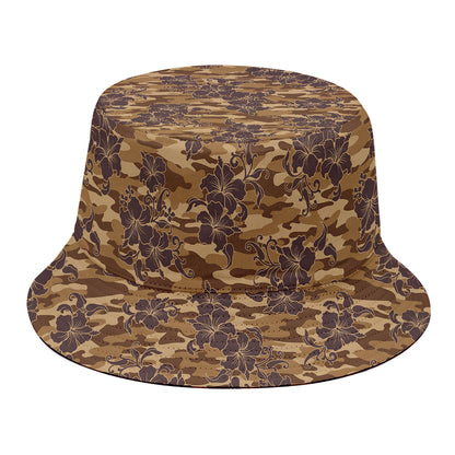 Brown Hawaiian Camo Flower Pattern Print Bucket Hat