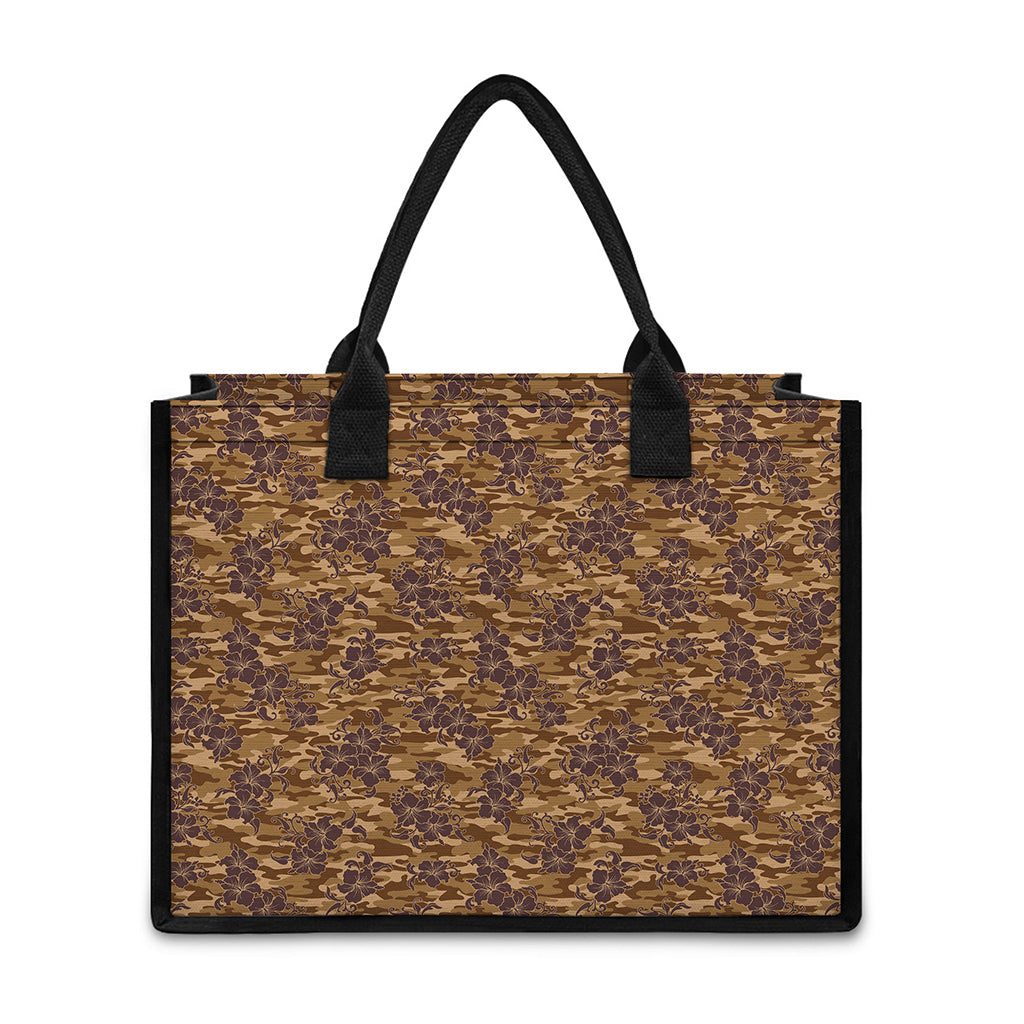 Brown Hawaiian Camo Flower Pattern Print Canvas Tote Bag