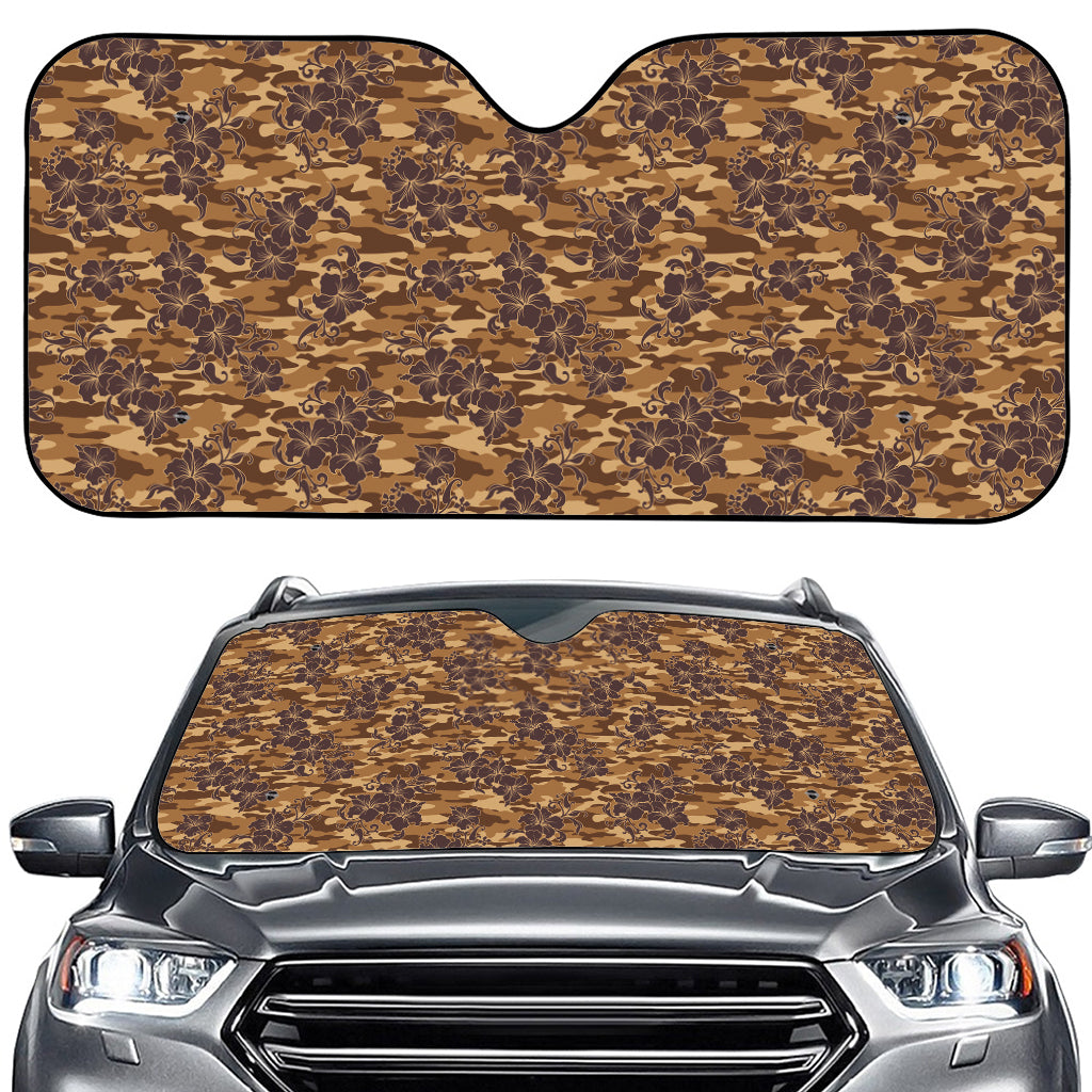 Brown Hawaiian Camo Flower Pattern Print Car Windshield Sun Shade