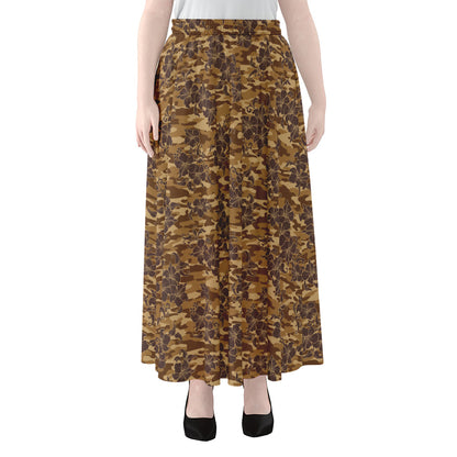 Brown Hawaiian Camo Flower Pattern Print Chiffon Maxi Skirt