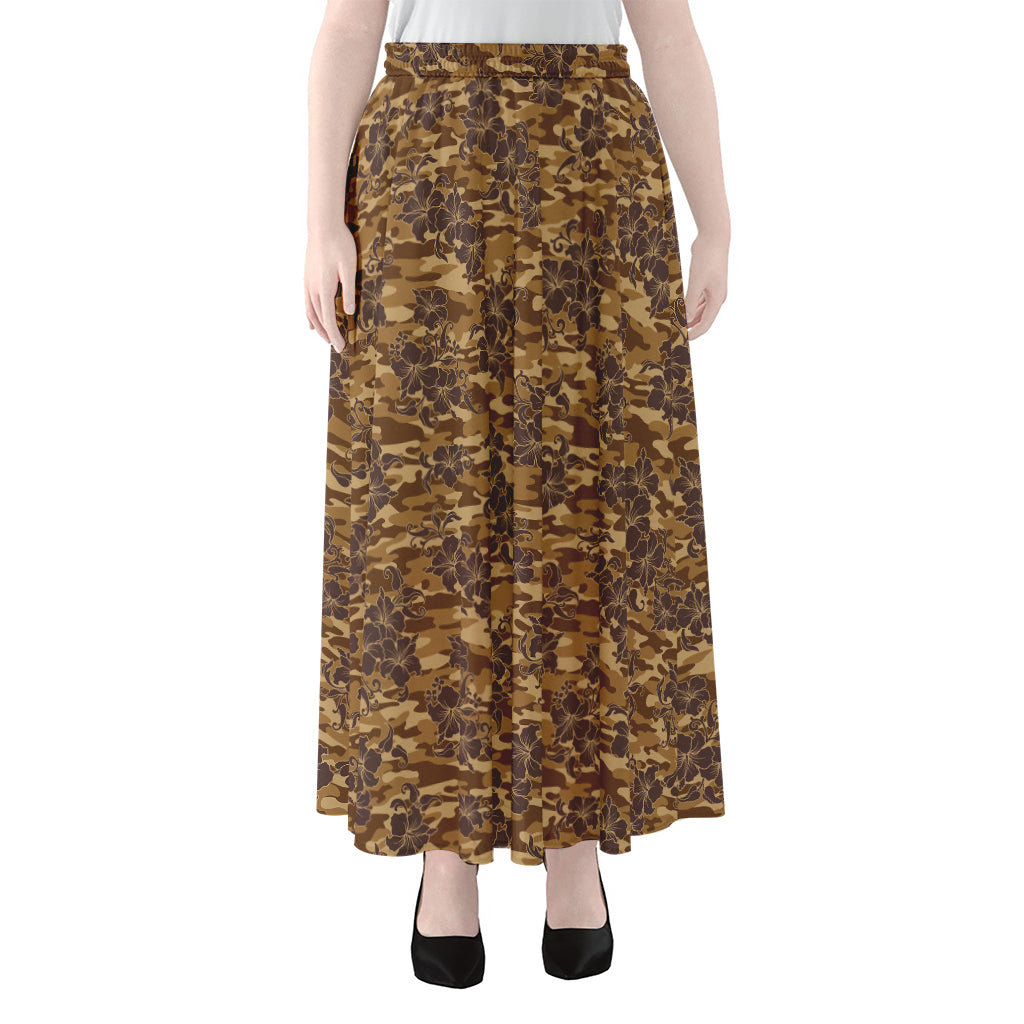 Brown Hawaiian Camo Flower Pattern Print Chiffon Maxi Skirt