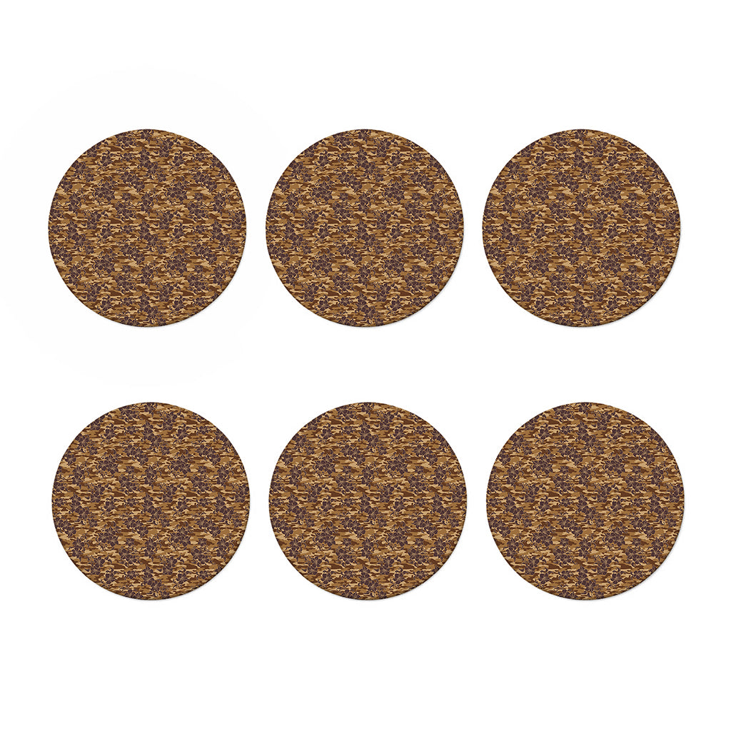 Brown Hawaiian Camo Flower Pattern Print Coaster Set