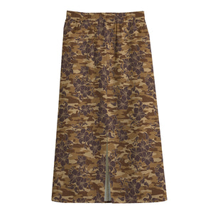 Brown Hawaiian Camo Flower Pattern Print Cotton Front Slit Maxi Skirt