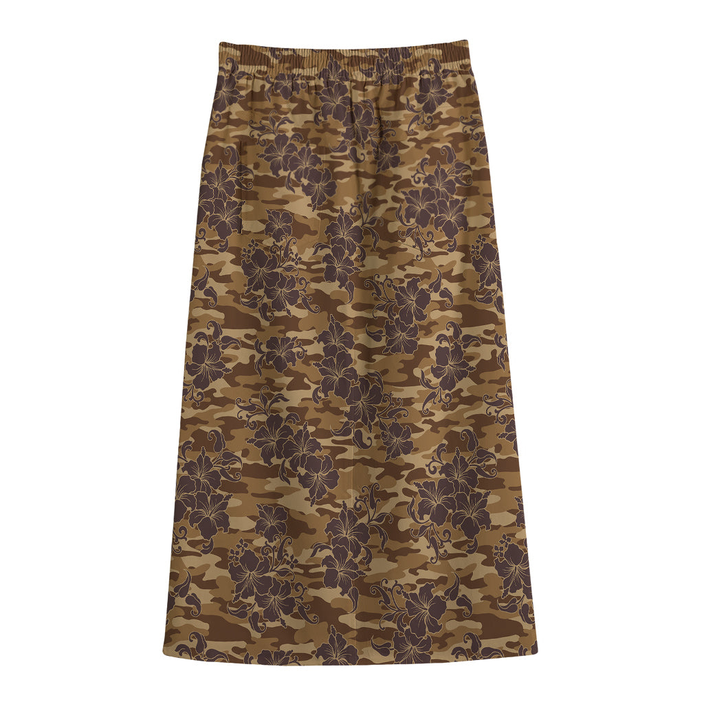 Brown Hawaiian Camo Flower Pattern Print Cotton Front Slit Maxi Skirt