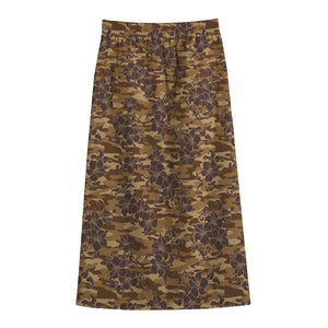 Brown Hawaiian Camo Flower Pattern Print Cotton Front Slit Maxi Skirt