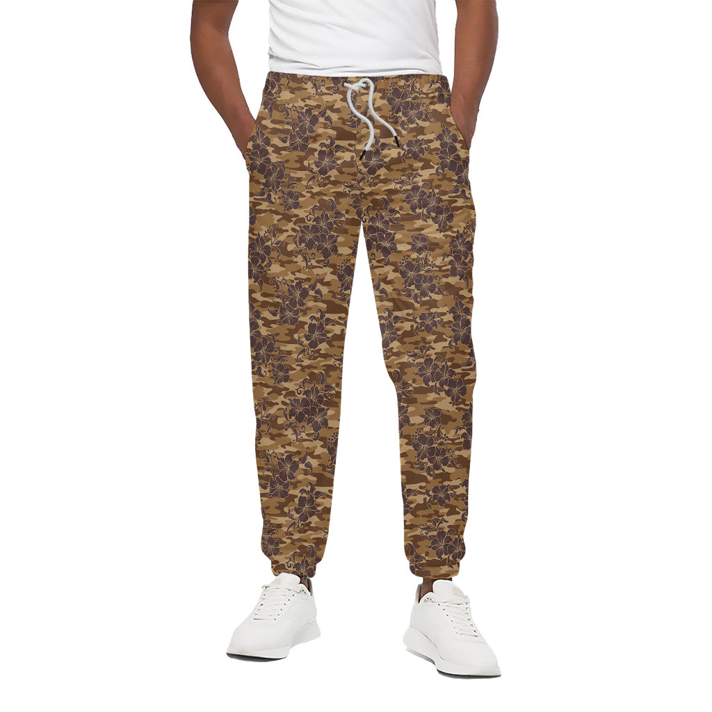 Brown Hawaiian Camo Flower Pattern Print Cotton Pants