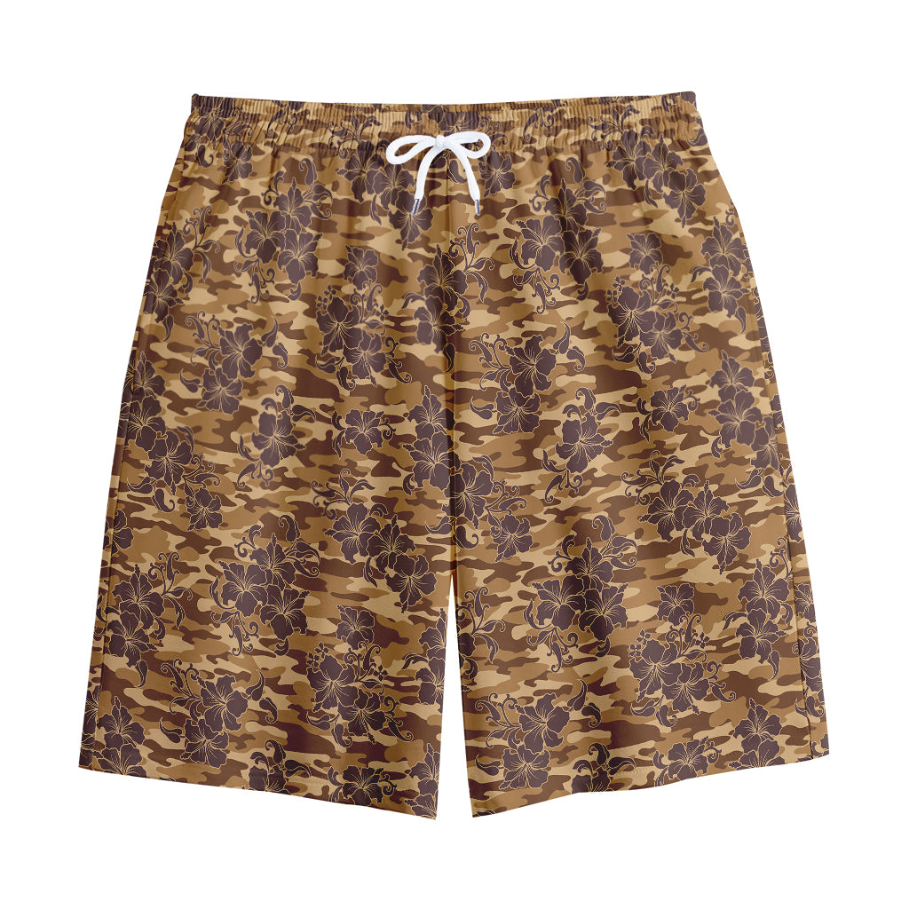 Brown Hawaiian Camo Flower Pattern Print Cotton Shorts