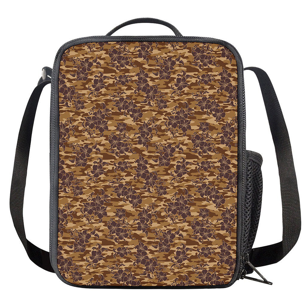 Brown Hawaiian Camo Flower Pattern Print Crossbody Lunch Bag