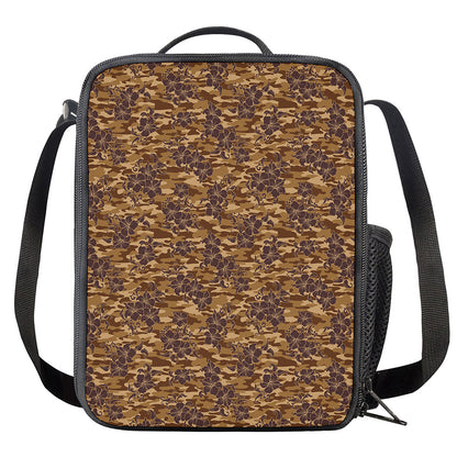 Brown Hawaiian Camo Flower Pattern Print Crossbody Lunch Bag