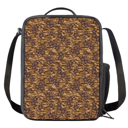 Brown Hawaiian Camo Flower Pattern Print Crossbody Lunch Bag