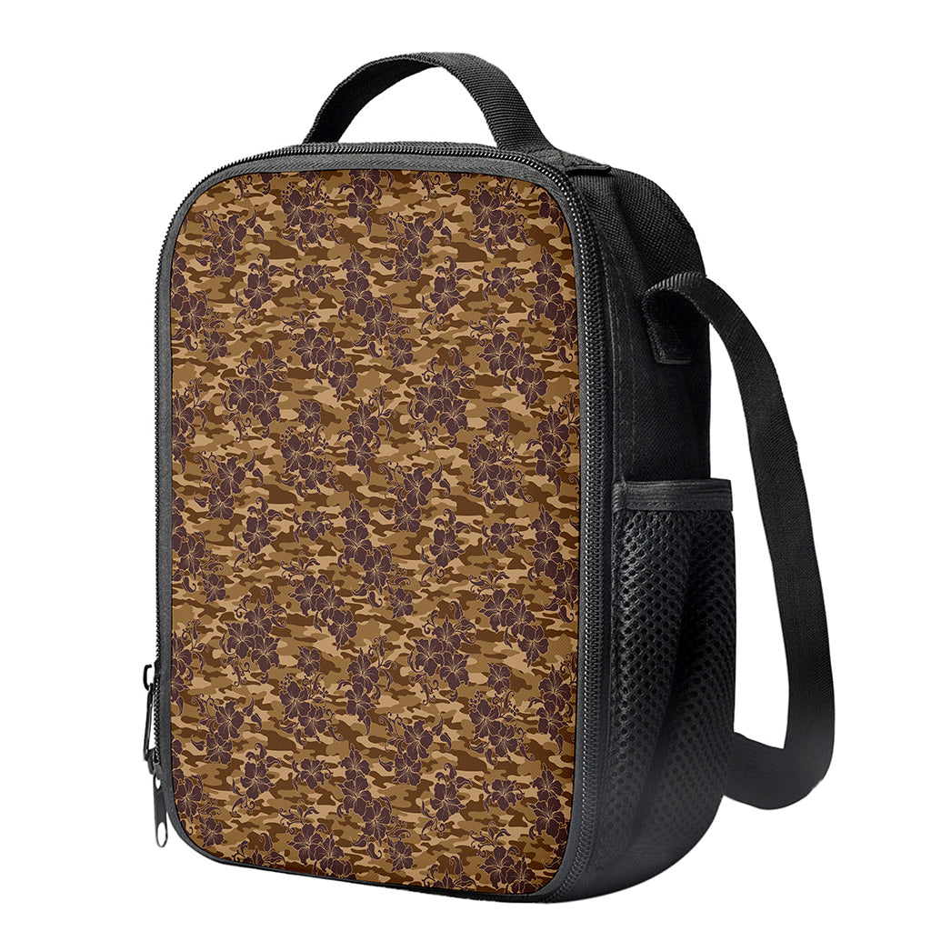 Brown Hawaiian Camo Flower Pattern Print Crossbody Lunch Bag