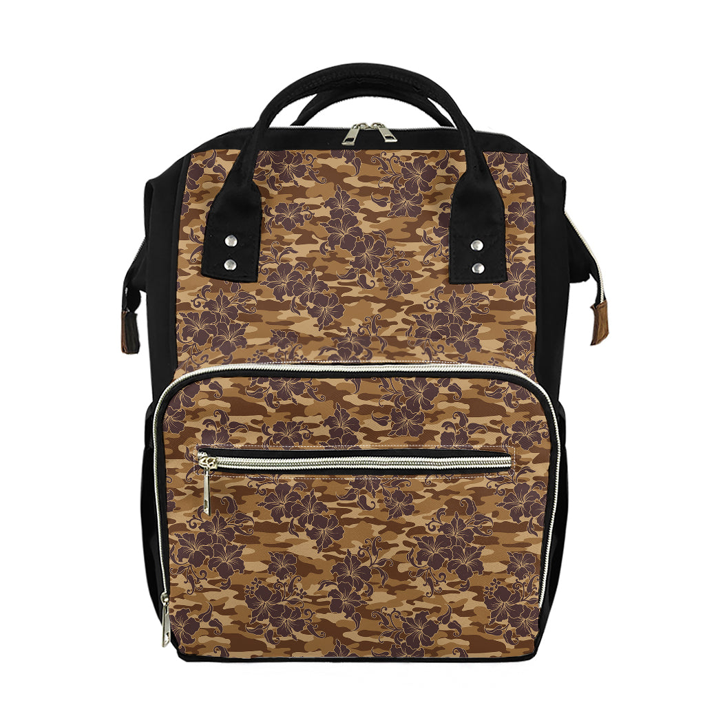 Brown Hawaiian Camo Flower Pattern Print Diaper Bag