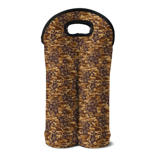 Brown Hawaiian Camo Flower Pattern Print Double Neoprene Wine Tote