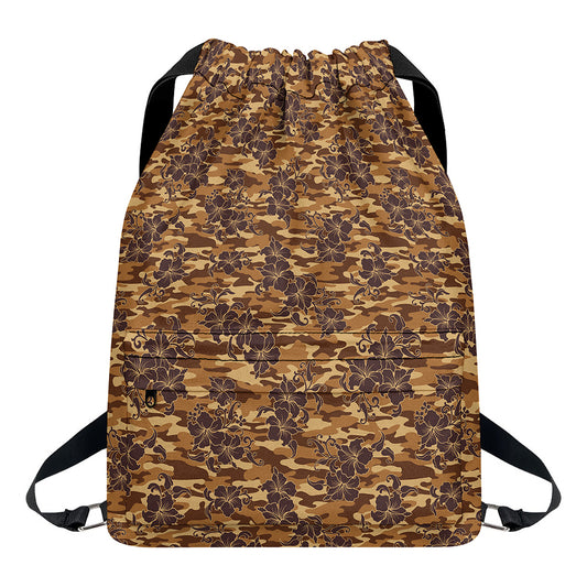 Brown Hawaiian Camo Flower Pattern Print Drawstring Backpack