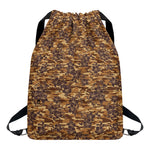 Brown Hawaiian Camo Flower Pattern Print Drawstring Backpack