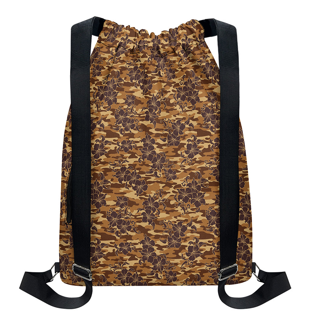 Brown Hawaiian Camo Flower Pattern Print Drawstring Backpack