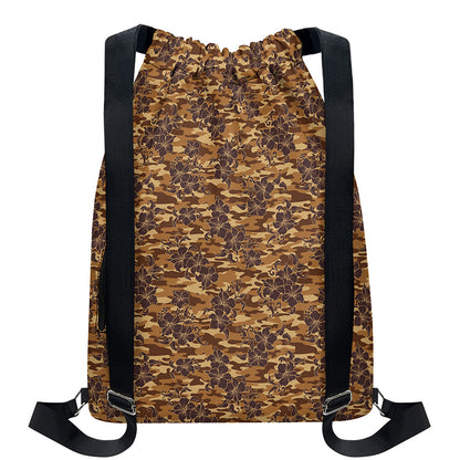 Brown Hawaiian Camo Flower Pattern Print Drawstring Backpack