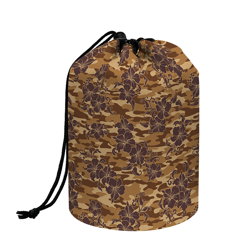Brown Hawaiian Camo Flower Pattern Print Drawstring Makeup Bag