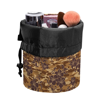 Brown Hawaiian Camo Flower Pattern Print Drawstring Makeup Bag