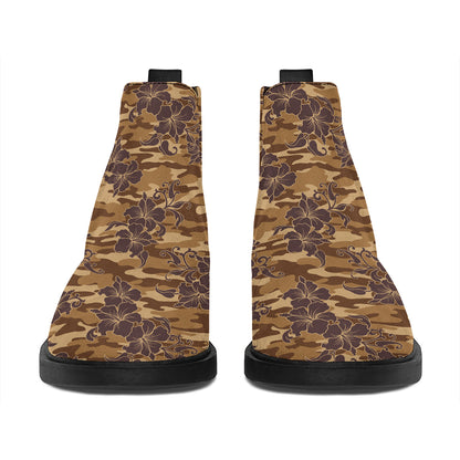 Brown Hawaiian Camo Flower Pattern Print Flat Ankle Boots