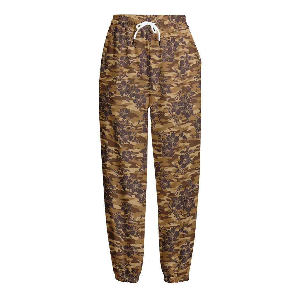 Brown Hawaiian Camo Flower Pattern Print Fleece Lined Knit Pants