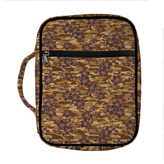 Brown Hawaiian Camo Flower Pattern Print Front Pocket Bible Bag