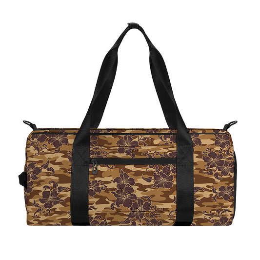 Brown Hawaiian Camo Flower Pattern Print Gym Bag