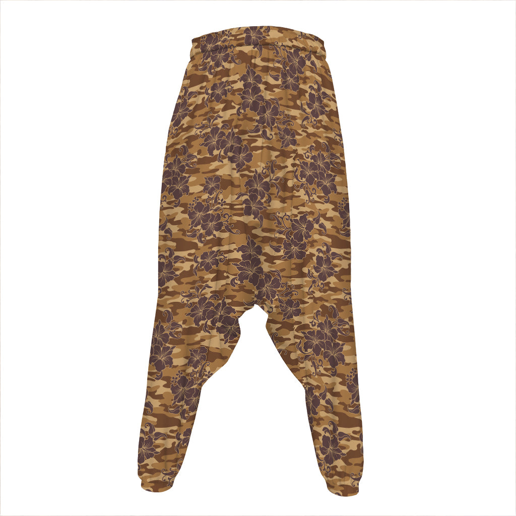 Brown Hawaiian Camo Flower Pattern Print Hammer Pants