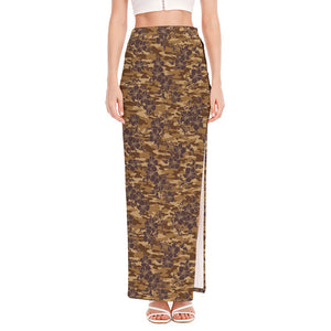 Brown Hawaiian Camo Flower Pattern Print High Slit Maxi Skirt