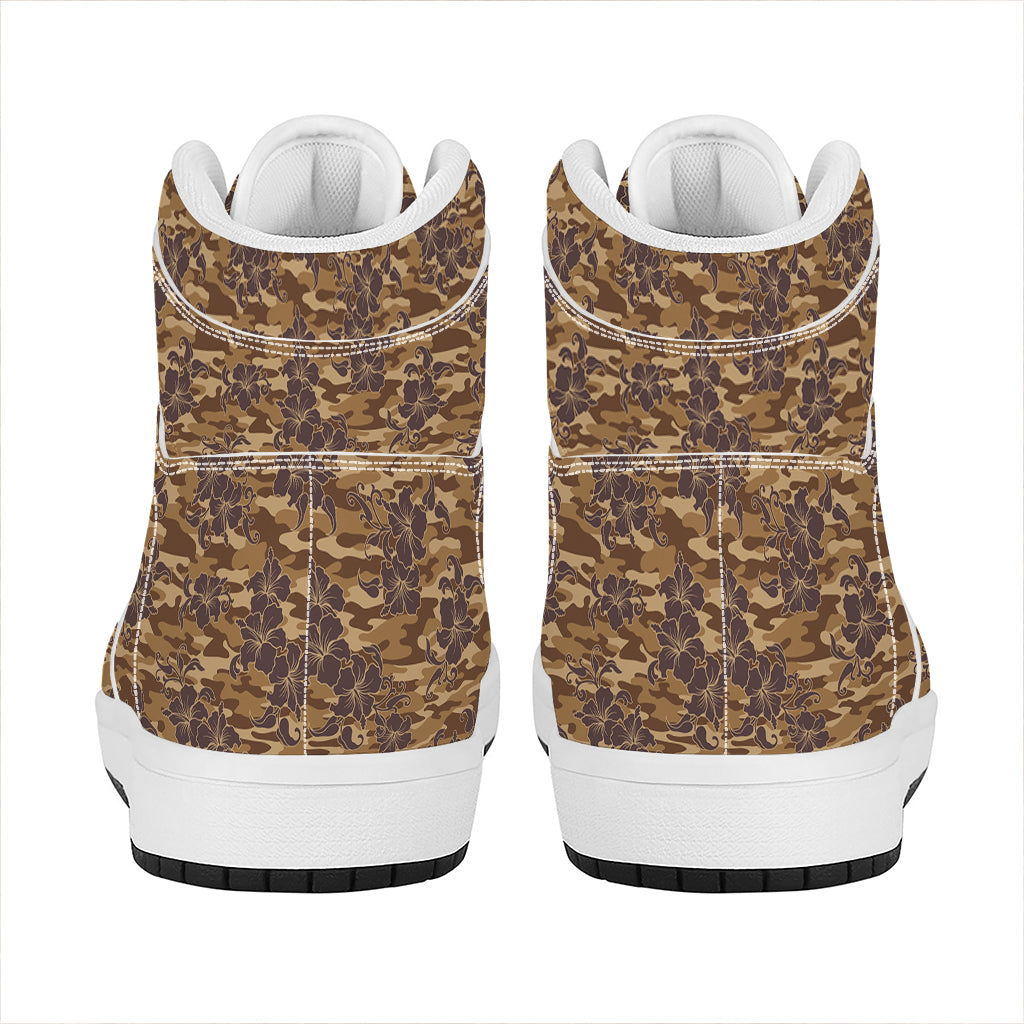 Brown Hawaiian Camo Flower Pattern Print High Top Leather Sneakers