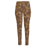 Brown Hawaiian Camo Flower Pattern Print High-Waisted Pocket Leggings