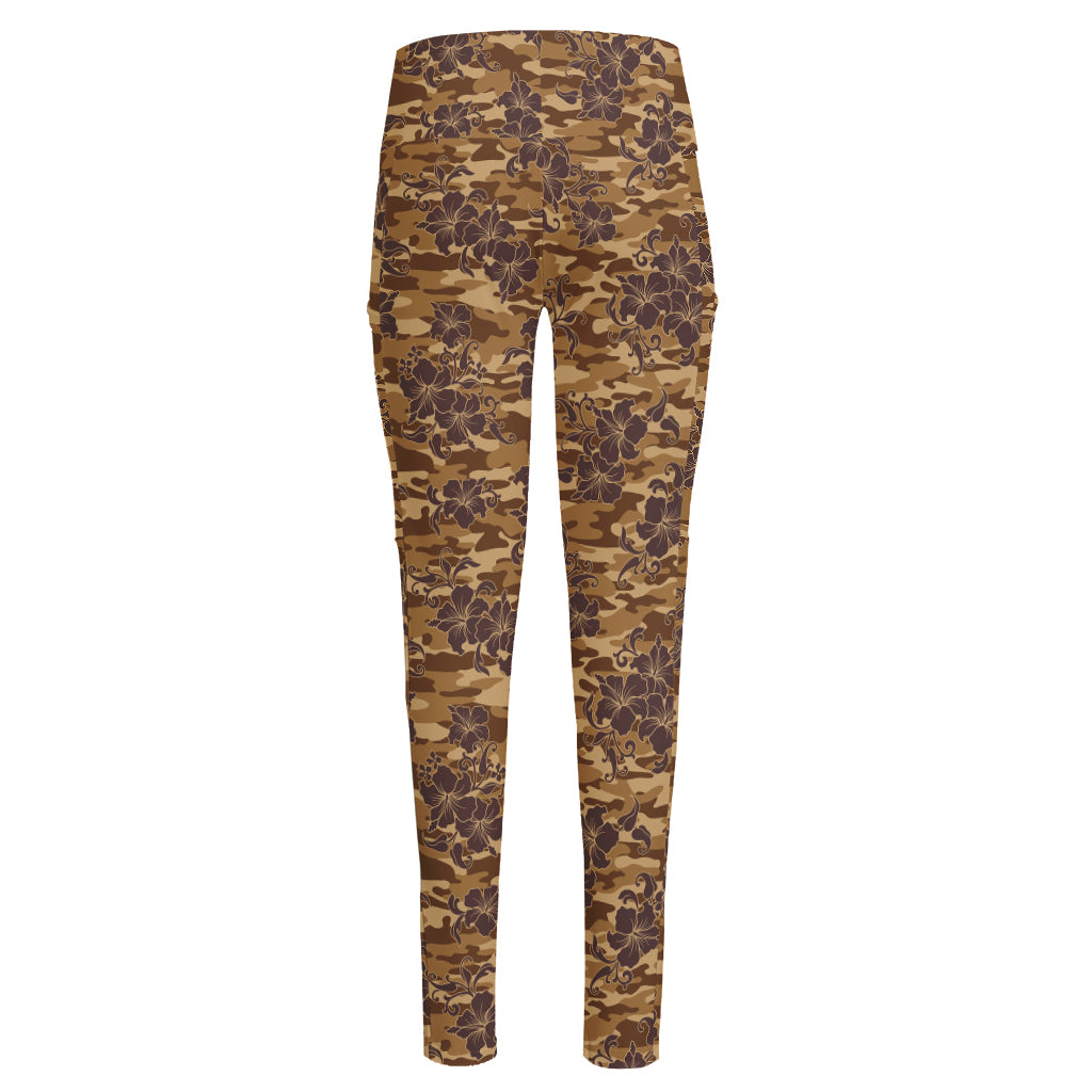 Brown Hawaiian Camo Flower Pattern Print High-Waisted Pocket Leggings