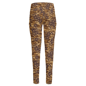 Brown Hawaiian Camo Flower Pattern Print High-Waisted Pocket Leggings