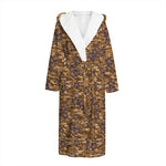 Brown Hawaiian Camo Flower Pattern Print Hooded Bathrobe