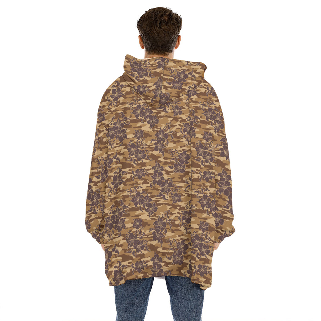 Brown Hawaiian Camo Flower Pattern Print Hoodie Blanket