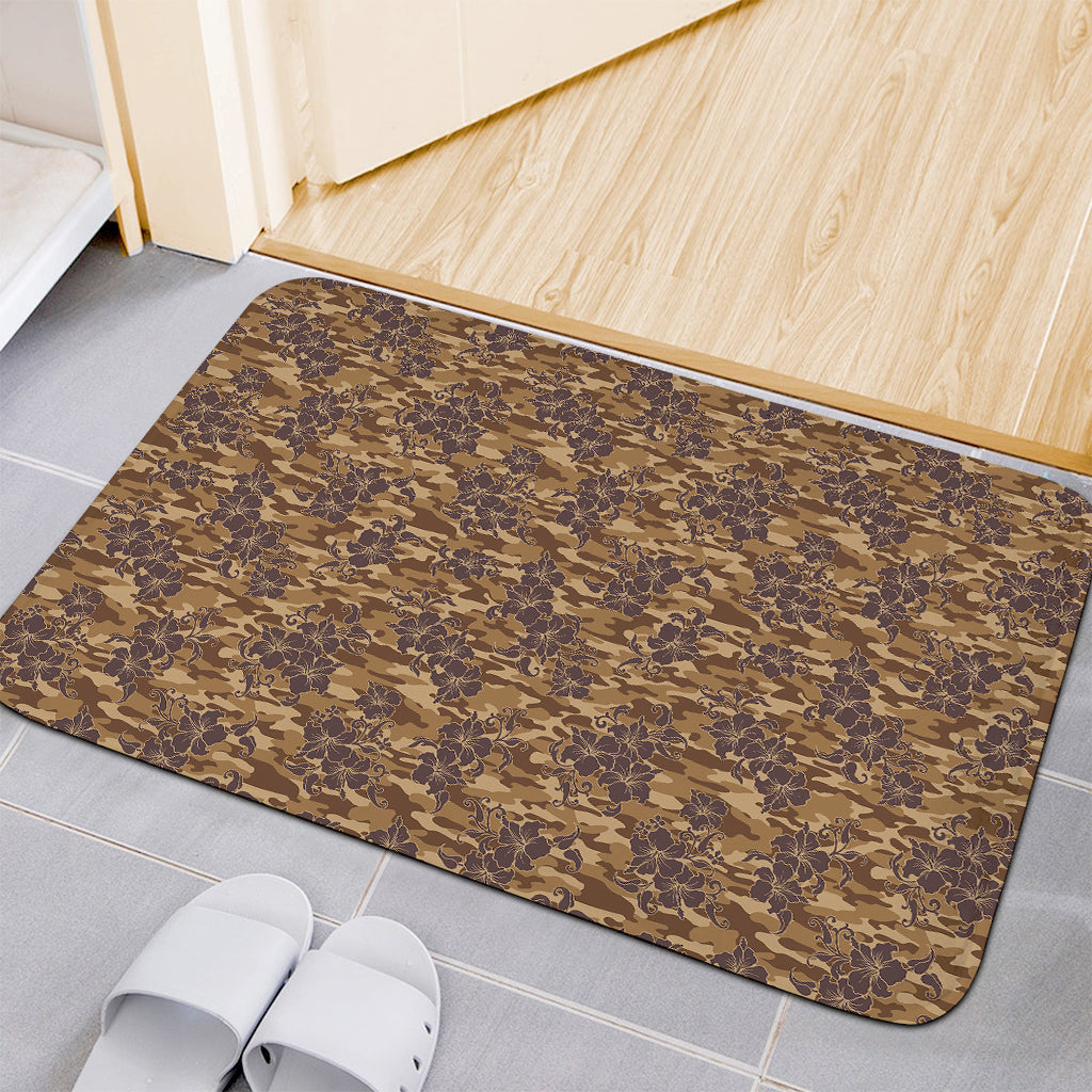 Brown Hawaiian Camo Flower Pattern Print Indoor Door Mat