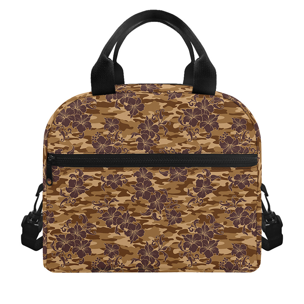 Brown Hawaiian Camo Flower Pattern Print Insulated Lunch Bag