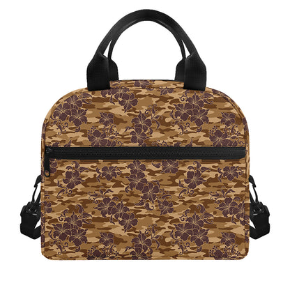 Brown Hawaiian Camo Flower Pattern Print Insulated Lunch Bag