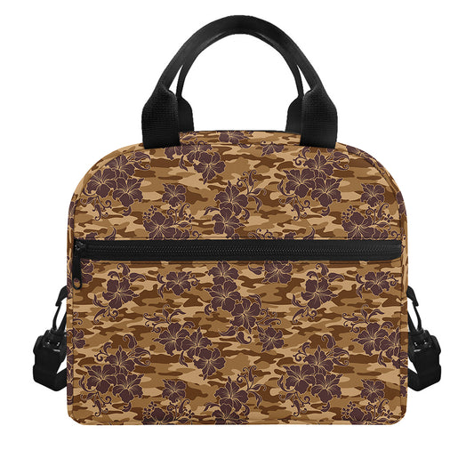 Brown Hawaiian Camo Flower Pattern Print Insulated Lunch Bag