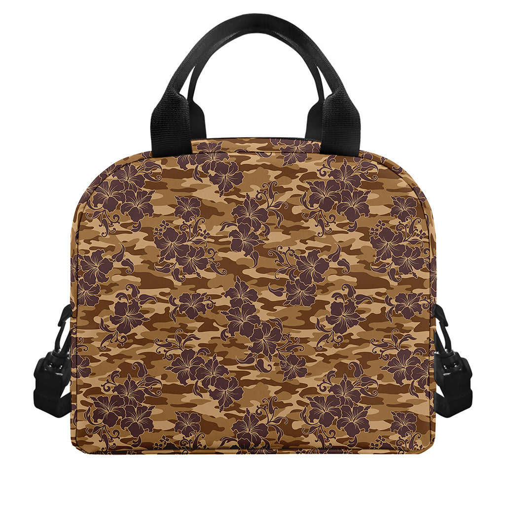 Brown Hawaiian Camo Flower Pattern Print Insulated Lunch Bag