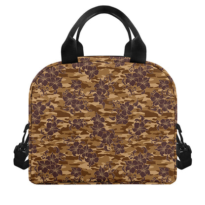 Brown Hawaiian Camo Flower Pattern Print Insulated Lunch Bag