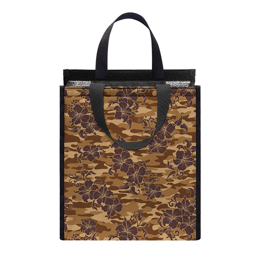 Brown Hawaiian Camo Flower Pattern Print Insulated Lunch Tote