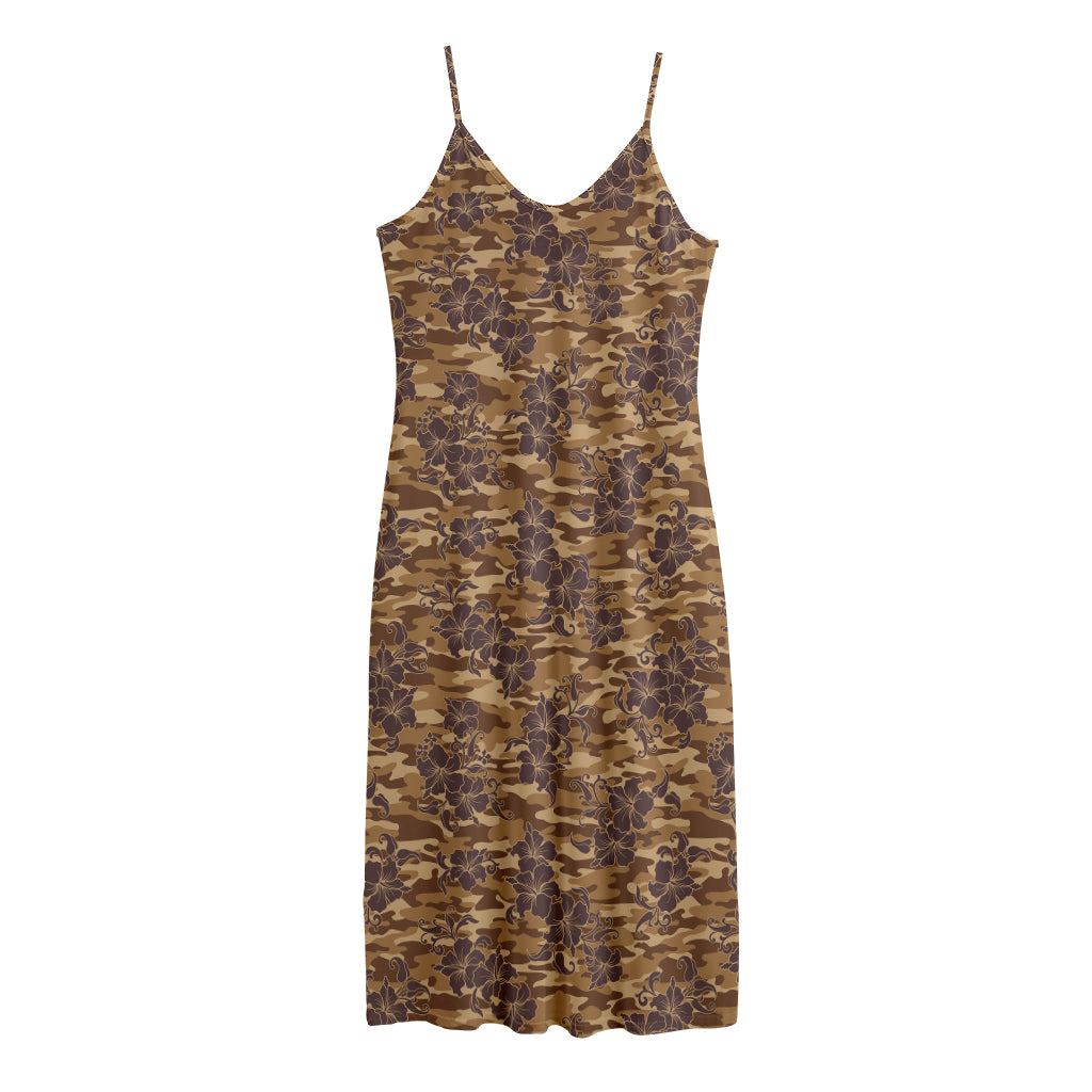 Brown Hawaiian Camo Flower Pattern Print Jersey Midi Cami Dress